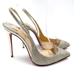 Christian Louboutin Optisexy Glitter Slingback Pumps Silver Heels Sz 37 /‎ 7